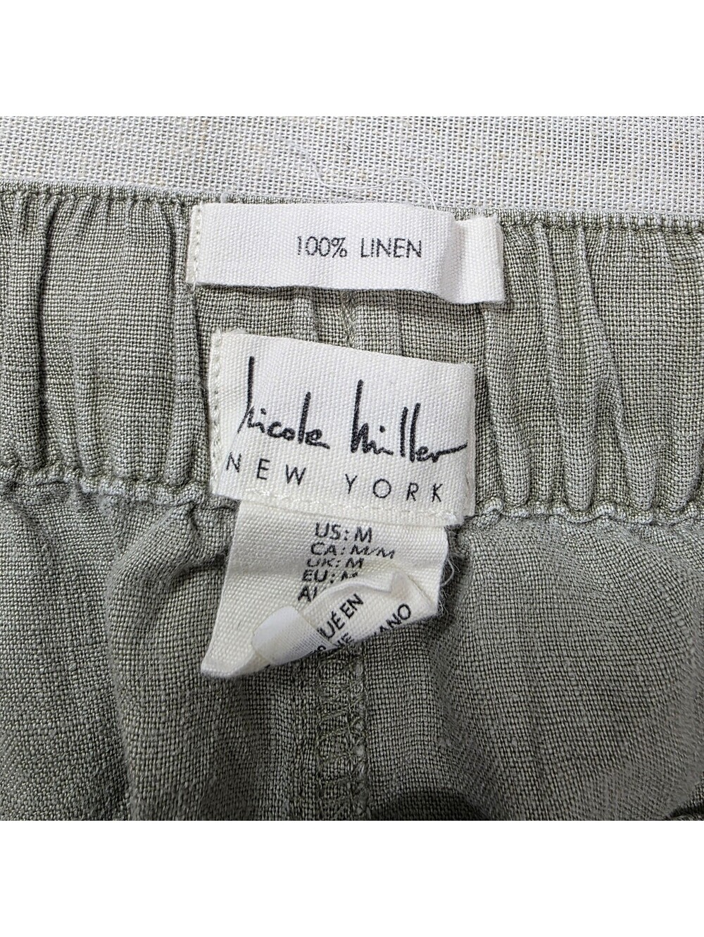 Nicole Miller New York Womens M 100% Linen Pants Sage Green Pull On Tapered - Picture 2 of 7